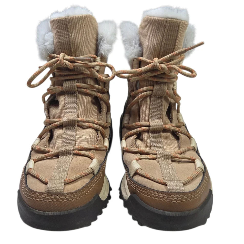 Sorel Women's Explorer 111 Tan Qirh Sea Salt White Fur Winter Boots Size 8.5 - Picture 2 of 8